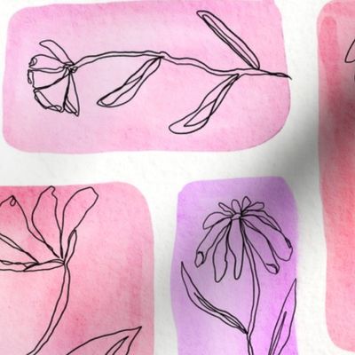 continuous line contour flowers on watercolor - pink - large scale