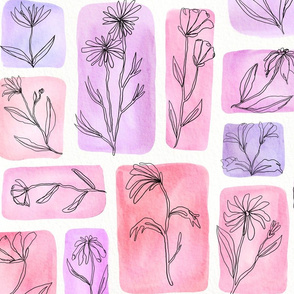 continuous line contour flowers on watercolor - pink - large scale