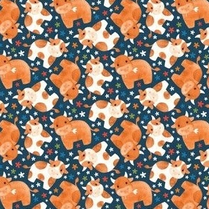 Cute Cows with Ditsy Daisies - on teal blue denim - very small 