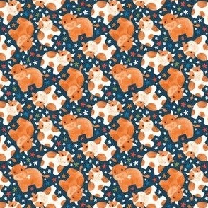Cute Cows with Ditsy Daisies - on teal blue denim - tiny