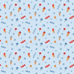 Snowflakes, candies and ice cream (on light blue)