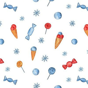 Snowflakes, candies and ice cream (on white)
