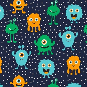 Multi Monsters Repeat Pattern - Navy with Spots