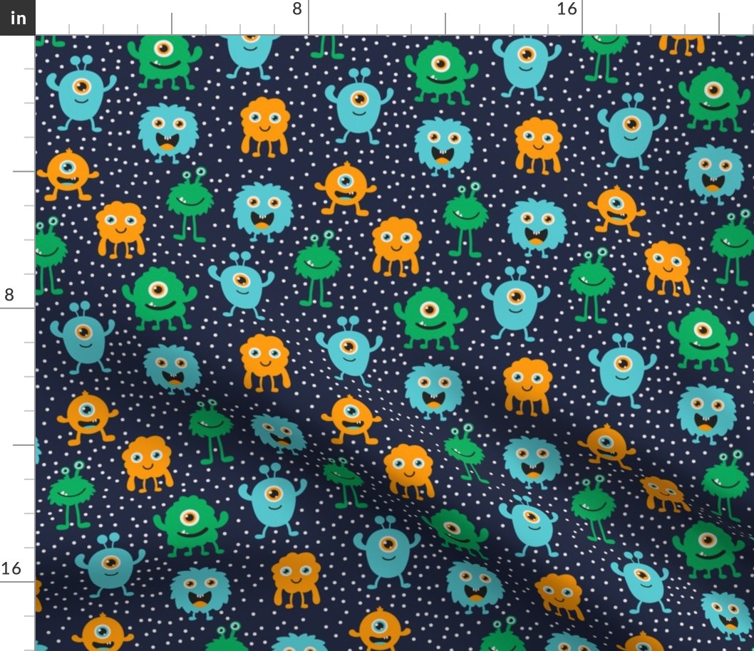 Multi Monsters Repeat Pattern - Navy with Spots
