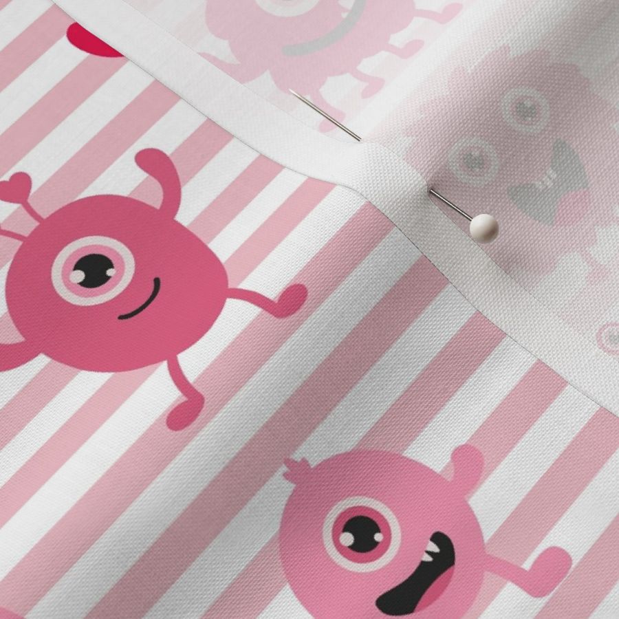 Pink Monsters Repeat Pattern - Pink Stripes Without Hearts