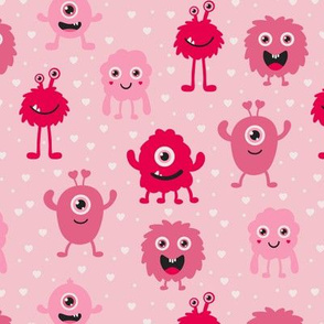 Pink Monsters Repeat Pattern - Pink with hearts