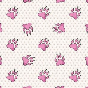  Hand drawn cute pink puppy dog paw with claw seamless pattern. 