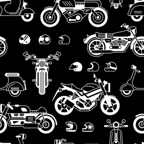 Illustration of stylized black and white motorcycles scooters and helmets