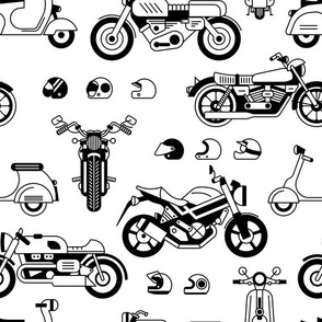 Illustration of stylized black and white motorcycles scooters and helmets