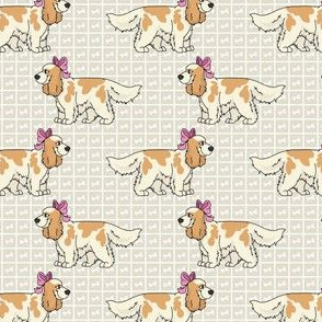  Hand drawn cute cocker spaniel dog with pink bow breed pattern. 