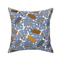 Trotting multicolor Border Collies and paw prints - faux denim