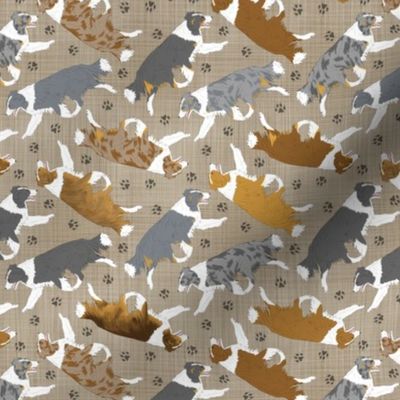 Tiny Trotting multicolor Border Collies and paw prints - faux linen