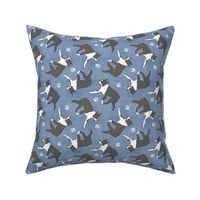 Trotting Boston Terriers and paw prints - faux denim