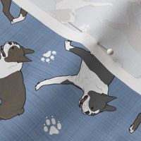 Trotting Boston Terriers and paw prints - faux denim