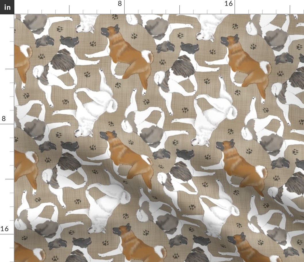 Trotting Akitas and paw prints - faux linen