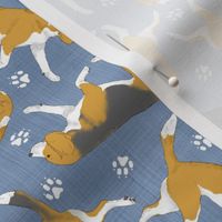Trotting Beagles and paw prints - faux denim