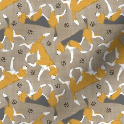 Trotting Beagles and paw prints - faux linen