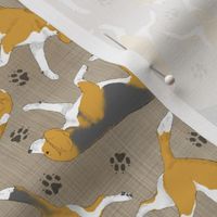 Trotting Beagles and paw prints - faux linen