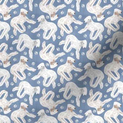 Tiny Trotting Bedlington Terriers and paw prints - faux denim