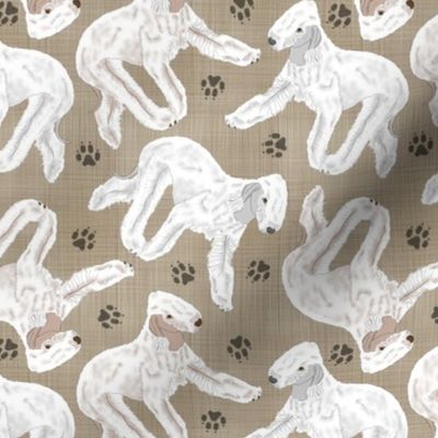 Trotting Bedlington Terriers and paw prints - faux linen