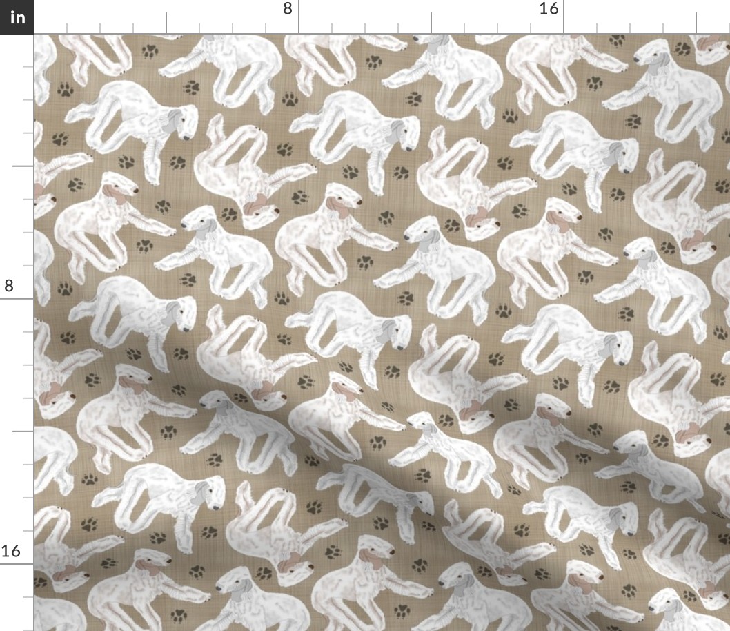 Trotting Bedlington Terriers and paw prints - faux linen