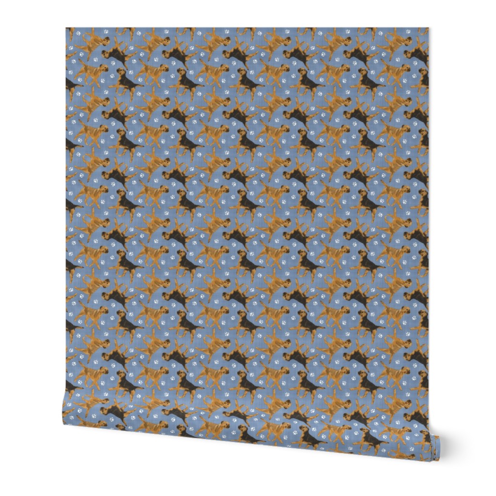 Trotting Border Terriers and paw prints - faux denim