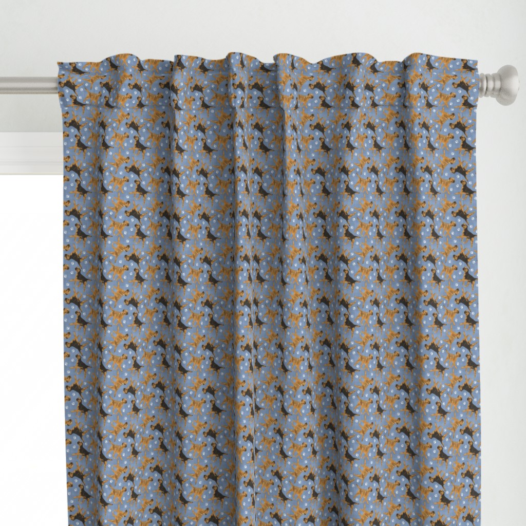 Tiny Trotting Border Terriers and paw prints - faux denim
