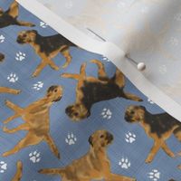 Tiny Trotting Border Terriers and paw prints - faux denim