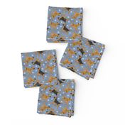 Tiny Trotting Border Terriers and paw prints - faux denim