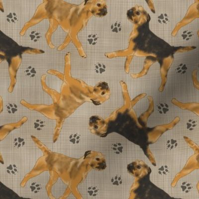 Trotting Border Terriers and paw prints - faux linen