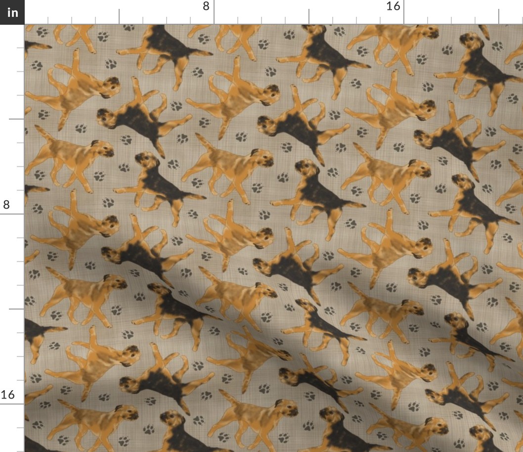 Trotting Border Terriers and paw prints - faux linen