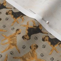 Tiny Trotting Border Terriers and paw prints - faux linen