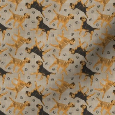 Tiny Trotting Border Terriers and paw prints - faux linen
