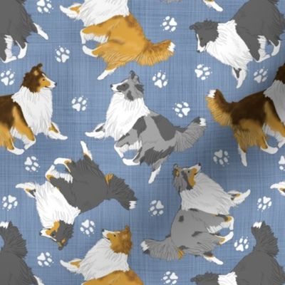 Trotting Shelties and paw prints - faux denim