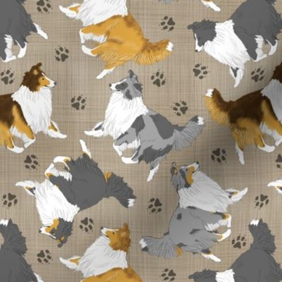 Trotting Shelties and paw prints - faux linen