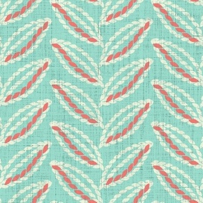 Embroidered Leaves on Linen Canvas (Mint and Coral Palette)