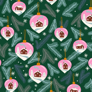 Baubles with houses-Dark Green