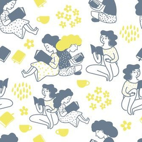 girls reading in grey and yellow - small scale