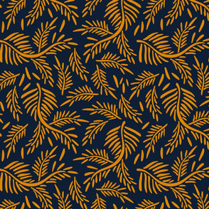 Lush Branches in Orange Turmeric on Navy Background