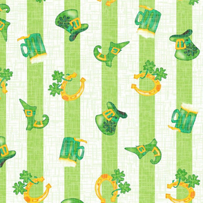 Irish Spring Parade  – St Patrick Day Colored Stripe with Traditional Saint Patrick Symbols of Ireland -- Light Green on White -- Shamrocks, Clover,  Horseshoes, Leprechaun Hats, Beer Steins, Boots, Good Luck Charms, Pot of Gold -- Large Scale Fat Quarter