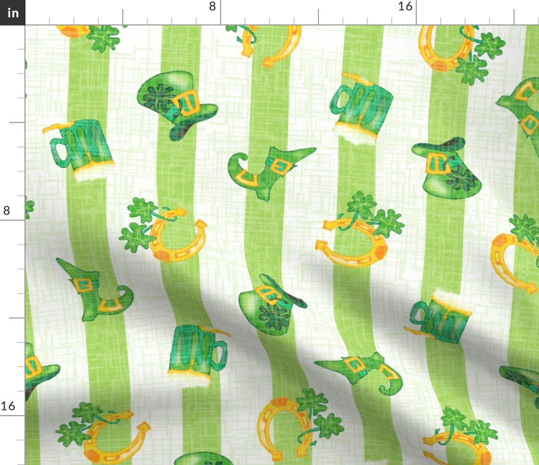 Irish Spring Parade  – St Patrick Day Colored Stripe with Traditional Saint Patrick Symbols of Ireland -- Light Green on White -- Shamrocks, Clover,  Horseshoes, Leprechaun Hats, Beer Steins, Boots, Good Luck Charms, Pot of Gold -- Large Scale Fat Quarter