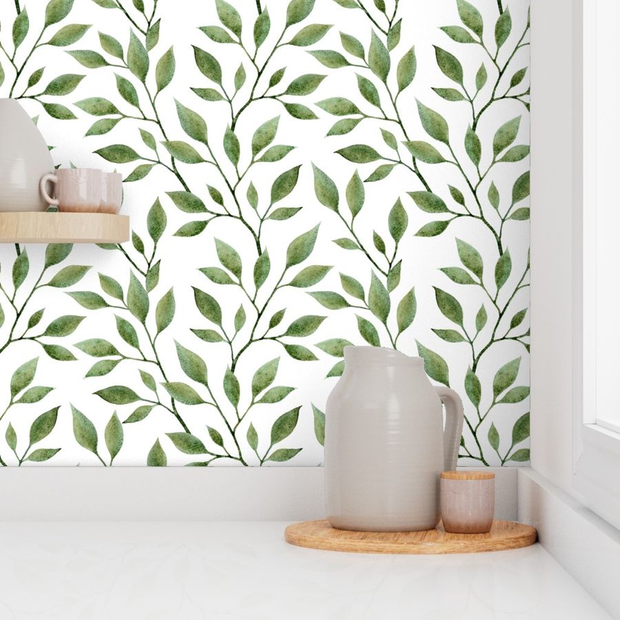 green leaves on white Wallpaper | Spoonflower