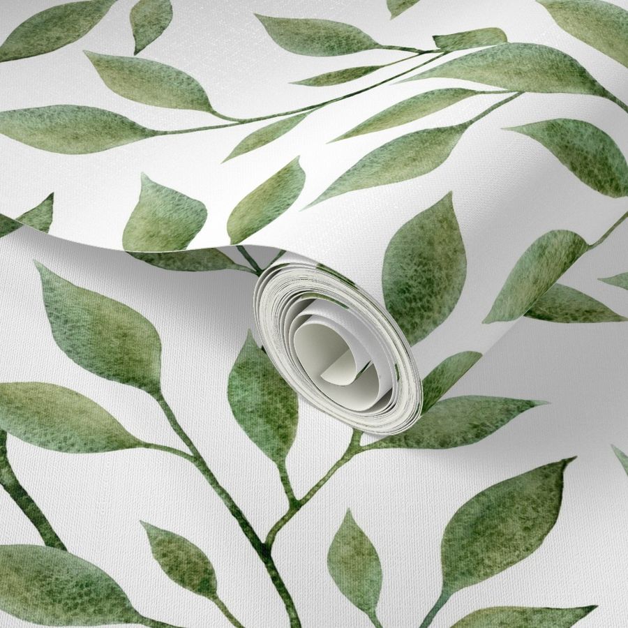 green leaves on white Wallpaper | Spoonflower