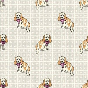  Hand drawn cute cocker spaniel dog with pink bow breed pattern. 