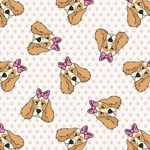  Hand drawn cute cocker spaniel dog with pink bow breed pattern. 