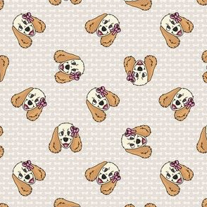  Hand drawn cute cocker spaniel dog with pink bow breed pattern.