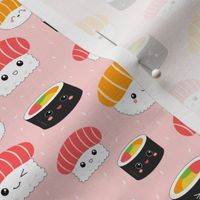 (XS) Kawaii Sushi Cuties - X-Small on Pink - Salmon Nigiri, Tuna Nigiri, Maki Roll - Cute & Fun Japanese Food