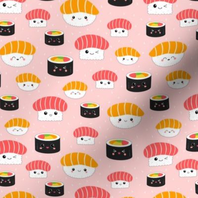 (XS) Kawaii Sushi Cuties - X-Small on Pink - Salmon Nigiri, Tuna Nigiri, Maki Roll - Cute & Fun Japanese Food