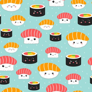 (S) Kawaii Sushi Cuties - Small on Blue - Salmon Nigiri, Tuna Nigiri, Maki Roll - Cute & Fun Japanese Food