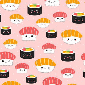 (S) Kawaii Sushi Cuties - Small on Pink - Salmon Nigiri, Tuna Nigiri, Maki Roll - Cute & Fun Japanese Food